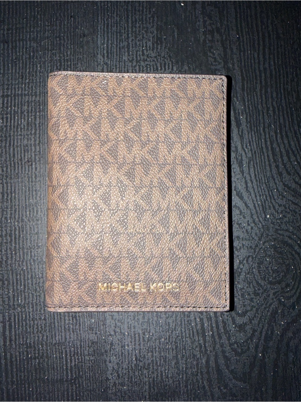 Michael Kors Brown MK Monogram Passport Cover with Gold Logo